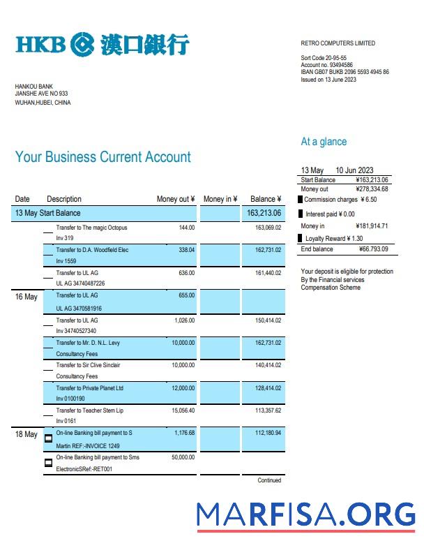 Downloadable Hankou Bank organization account statement Word and PDF template